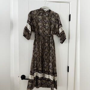 Jonathan Logan 1970s Brown Floral Prairie Dress VTG VGUC Boho Ribbon Lace detail